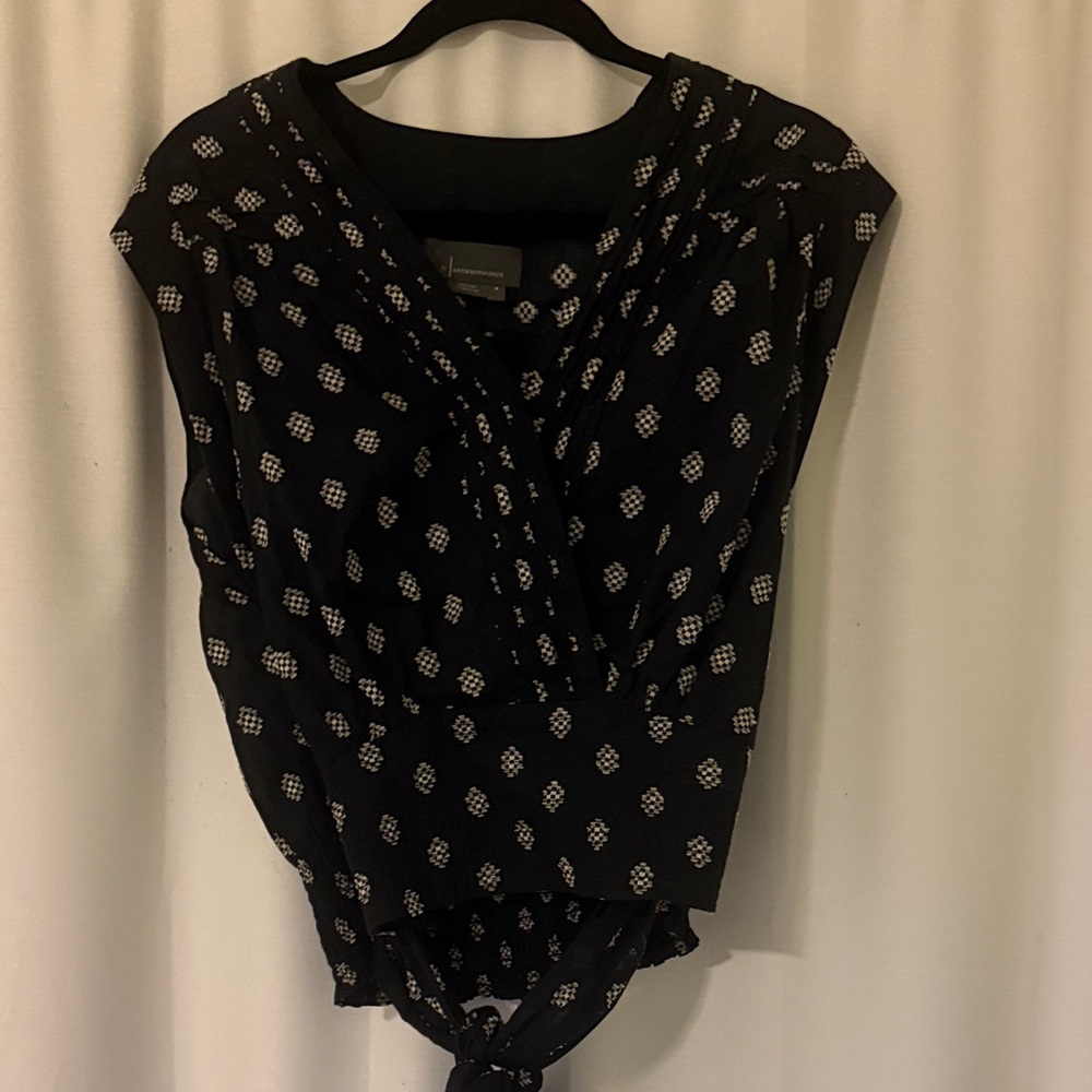 Anthropologie Black and White Geometric Short Sleeve Tie-Waist Blouse